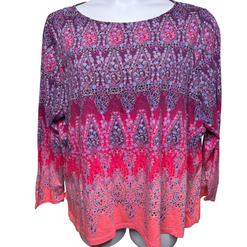 TALBOTS Womens Purple Paisley Ombre Tunic Top 3X Boho-Chic Peasant Flowy Artsy